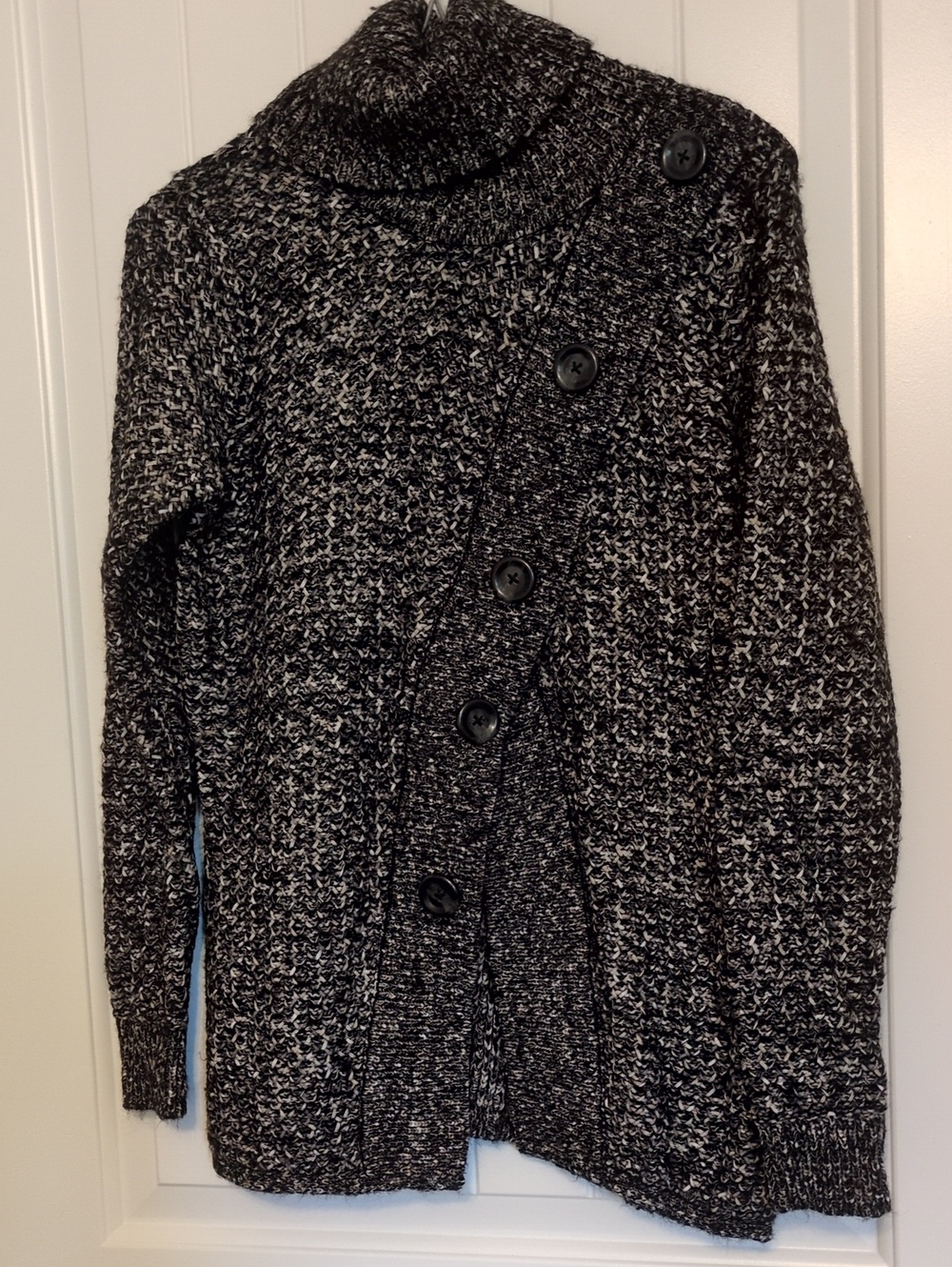 cleo Black & White Marled Button-Front Turtleneck Sweater